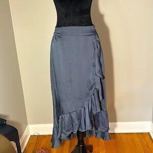 Lisa Rinna Collection Ruffled Midi Hi-Lo Skirt Charcoal Gray XS Elastic Band